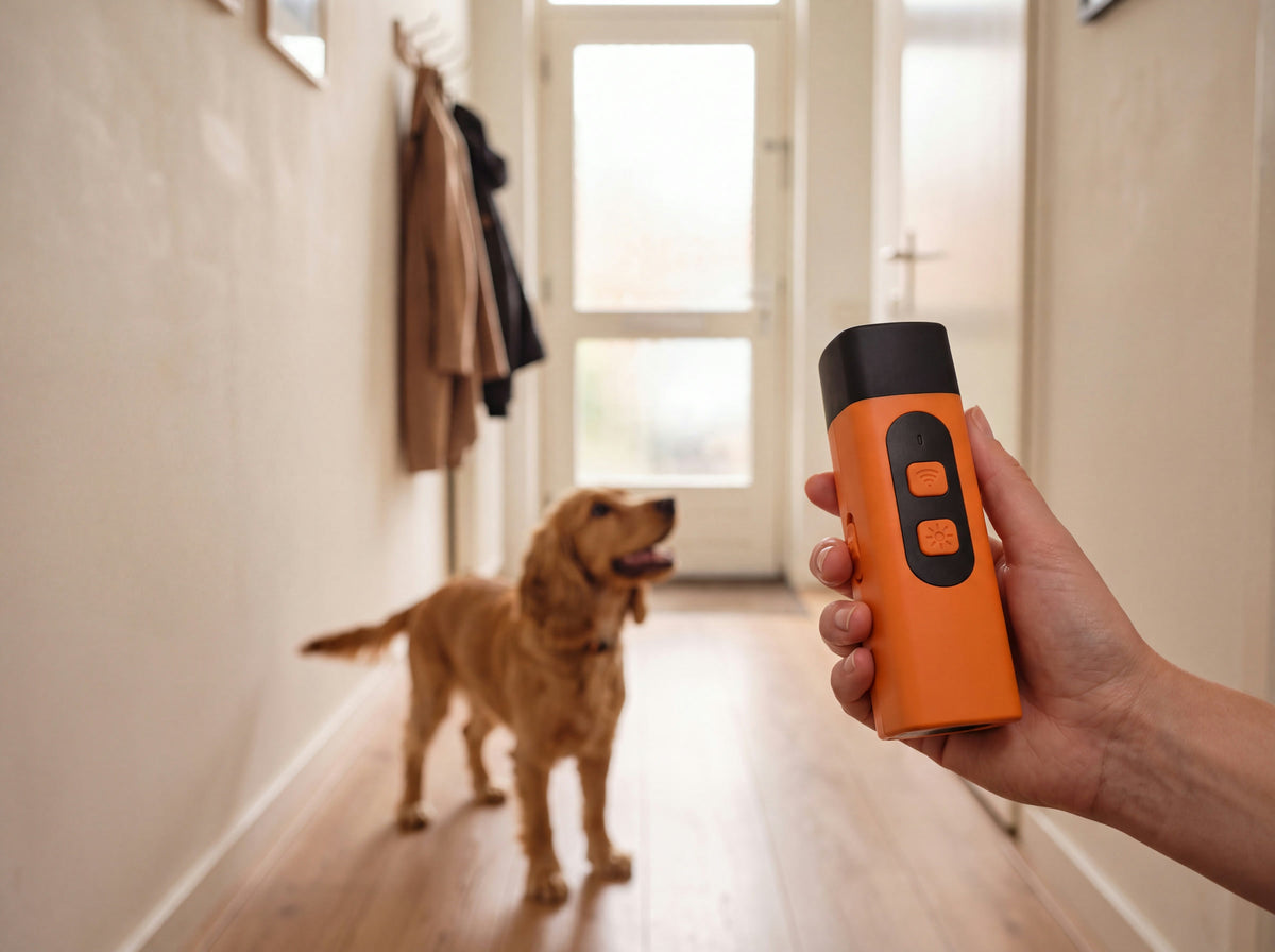 Het oranje apparaat in de hand in de gang, gericht op een cocker spaniel die bij de voordeur blaft