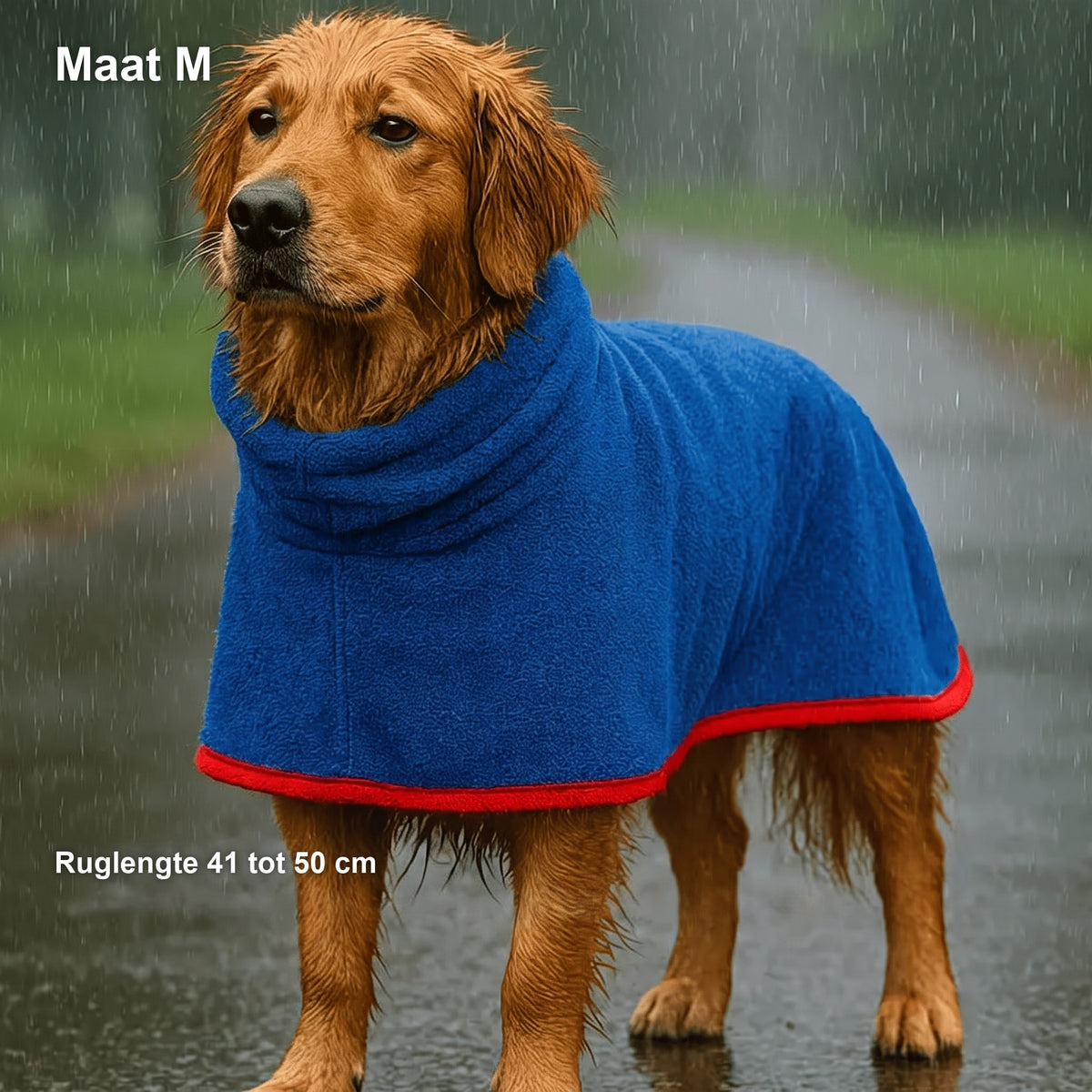 Golden retriever in de blauwe jas in de regen, met in beeld: Maat M, ruglengte 41 tot 50 cm