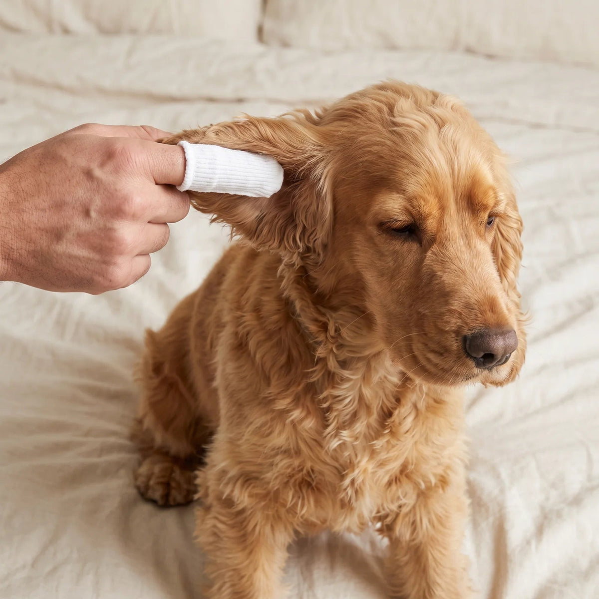 Het oor van een cocker spaniel wordt opgetild en met een schoonmaakdoekje schoongemaakt.