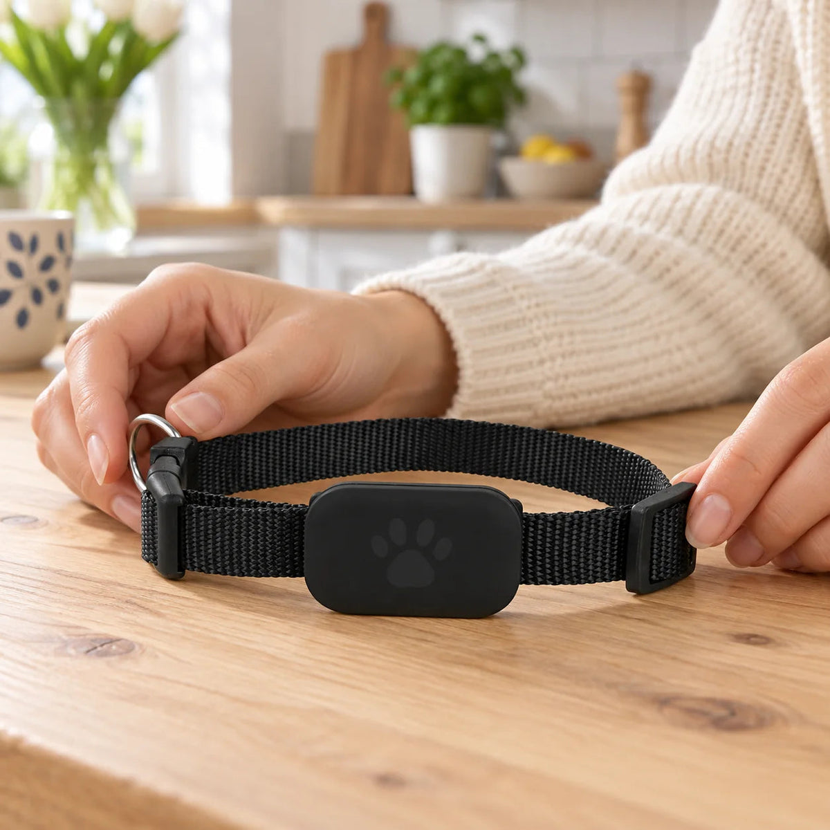 Twee handen stellen de zwarte halsband met de tracker af op een houten keukentafel.