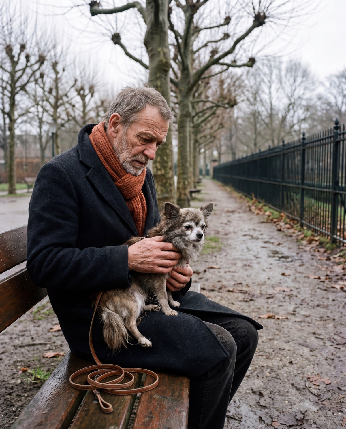 Man op een parkbankje houdt een heel oude langharige chihuahua onhandig op schoot; de riem ligt opgerold naast hem en het pad loopt onafgelopen door