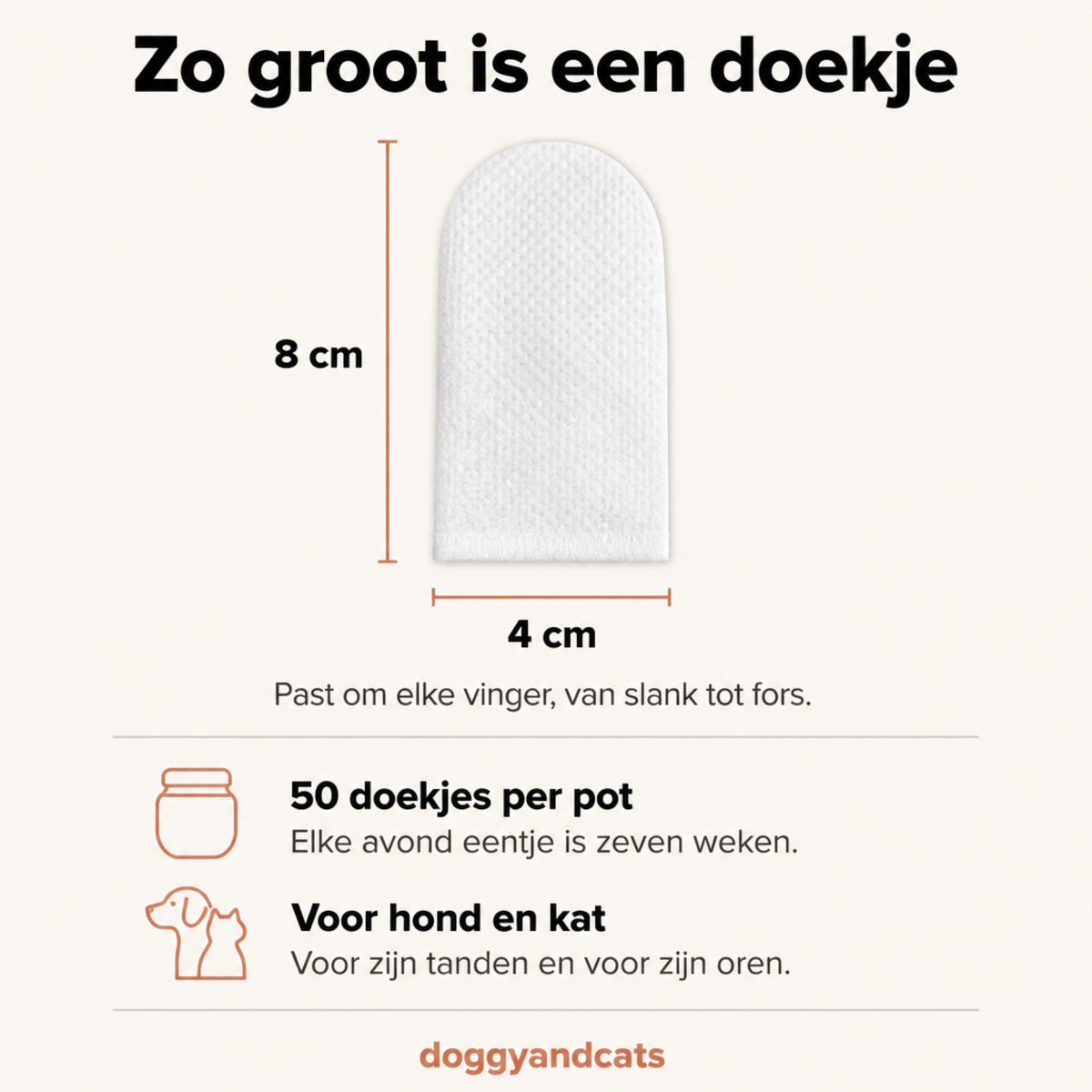 Zo groot is een doekje: 8 cm lang en 4 cm breed, past om elke vinger. Vijftig doekjes per pot, voor hond en kat