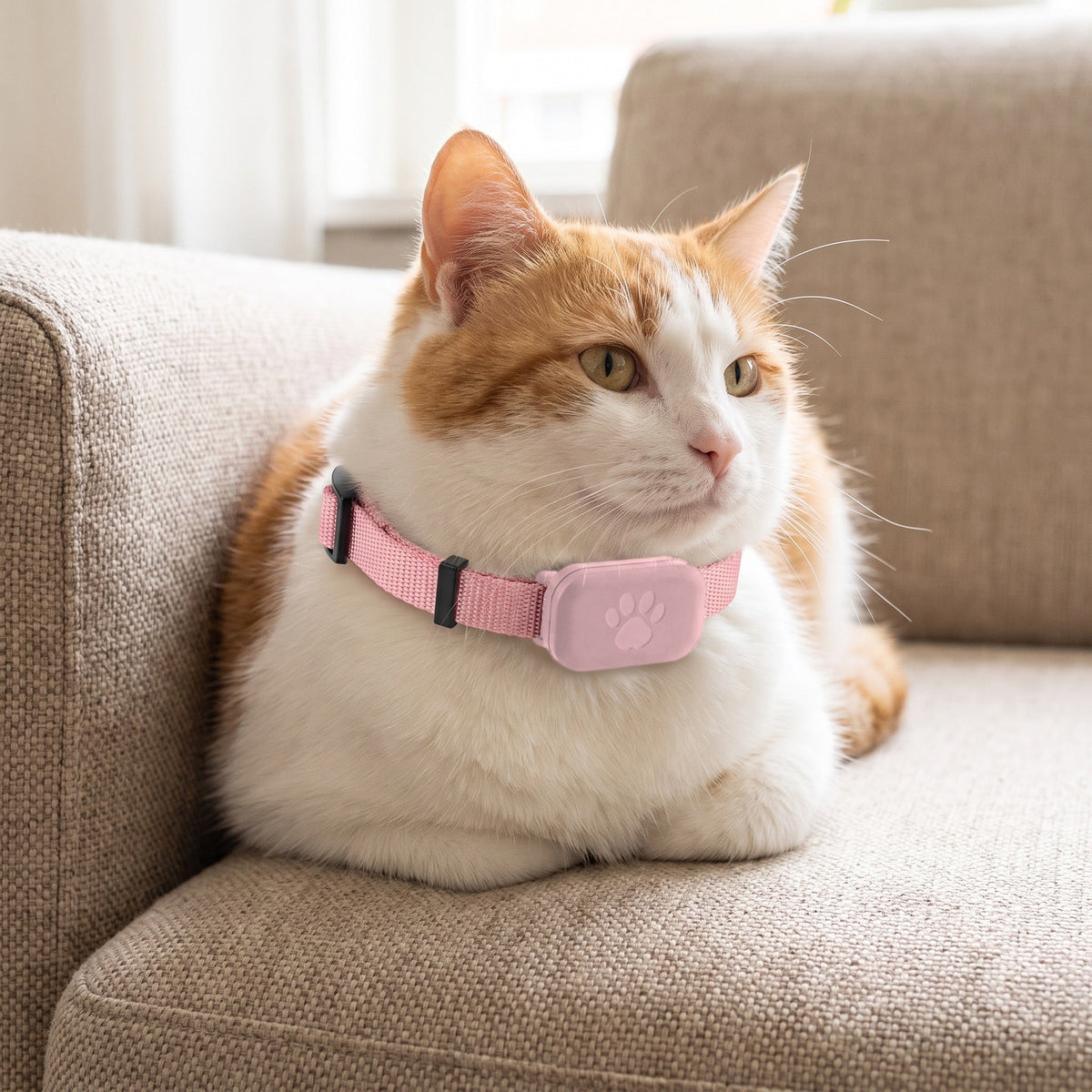Rood-witte kat ligt op de bank met de roze halsband met de module met pootafdruk om