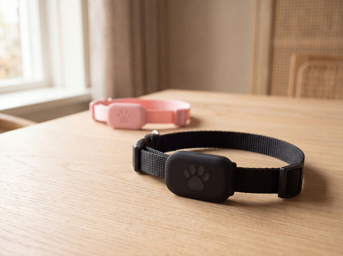 De zwarte halsband met de module met pootafdruk ligt op een houten tafel, met de roze band onscherp erachter