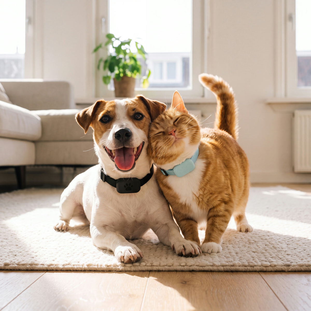 Jack Russell en rode kat knuffelen op het kleed in de zon, allebei met de PawFinder™ halsband met tracker: helemaal zwart bij de hond, helemaal lichtblauw bij de kat.