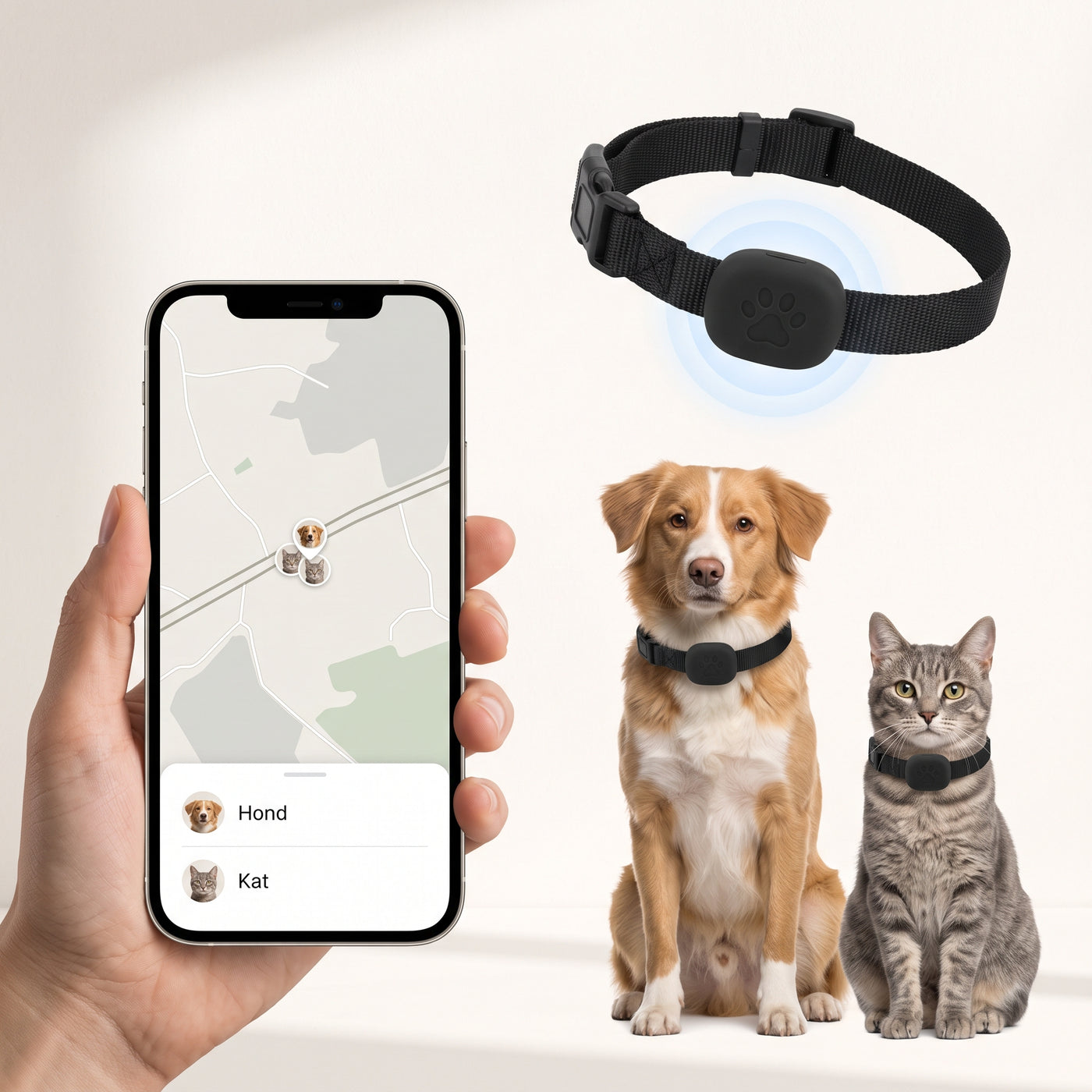 Hand met een telefoon waarop Hond en Kat allebei in de lijst staan, daarnaast een hond en een kat met de PawFinder halsband om, en de halsband uitgestrekt met de module met pootafdruk.
