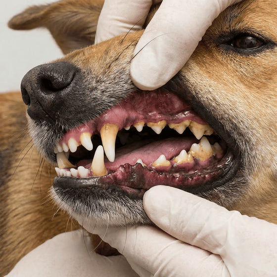 Het gebit van een hond van dichtbij, met aanslag langs de tandrand.
