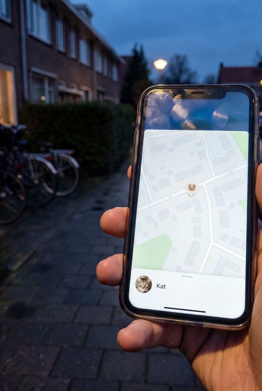 Een hand houdt een iPhone vast op straat in de schemer, met op het scherm de kaart en de laatst gemelde plek van de kat.