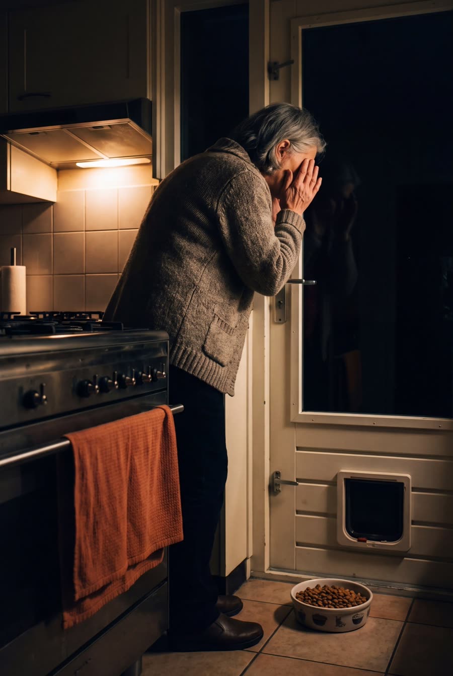Nachtkeuken met een leeg kattenluik en een onaangeroerd voerbakje, terwijl een vrouw de donkere tuin in tuurt
