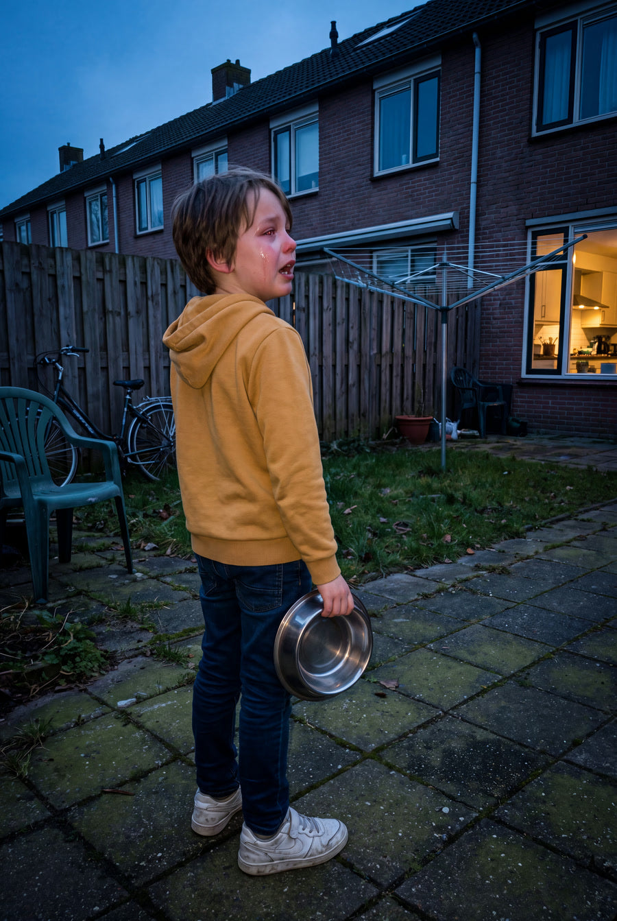 Jongen staat in de schemer in de achtertuin met een lege voerbak in zijn hand en roept.