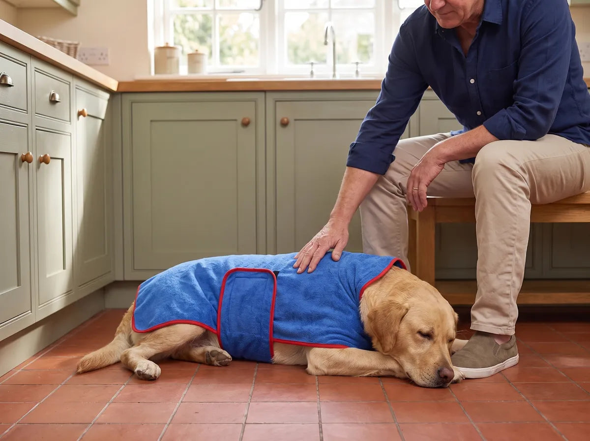De hond ligt droog en warm in de badjas