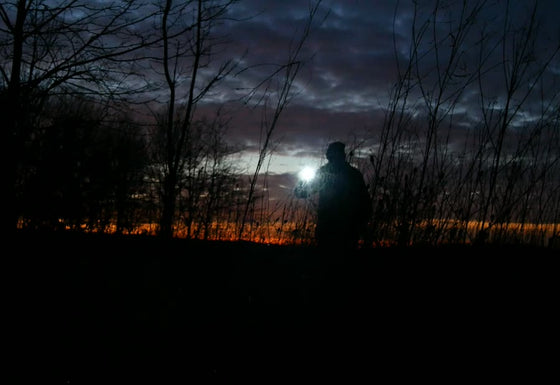 Silhouet met een zaklamp tussen kale bomen in de schemer.