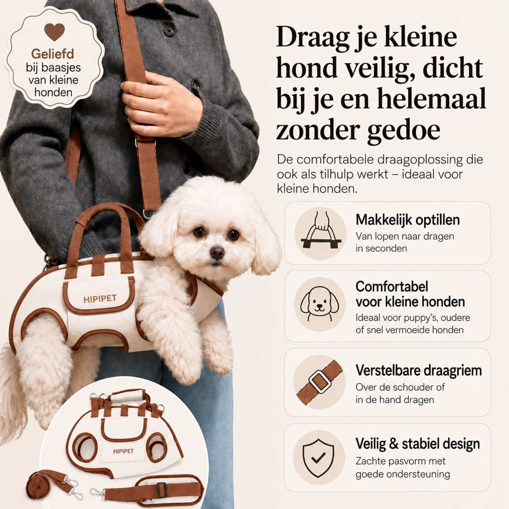 De draagtas om een klein hondje, met de kenmerken ernaast