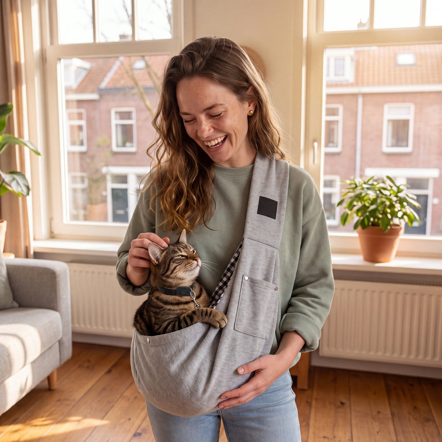 Fleur draagt haar cyperse kat in de lichtgrijze CuddleCarry™ schoudertas, in de woonkamer.