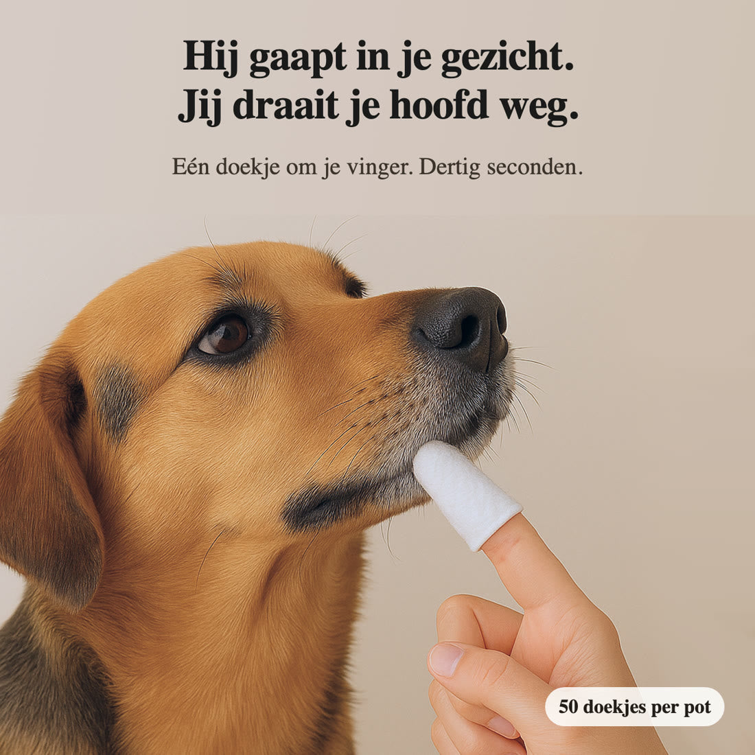 Hij gaapt in je gezicht. Jij draait je hoofd weg. Eén doekje om je vinger, dertig seconden.