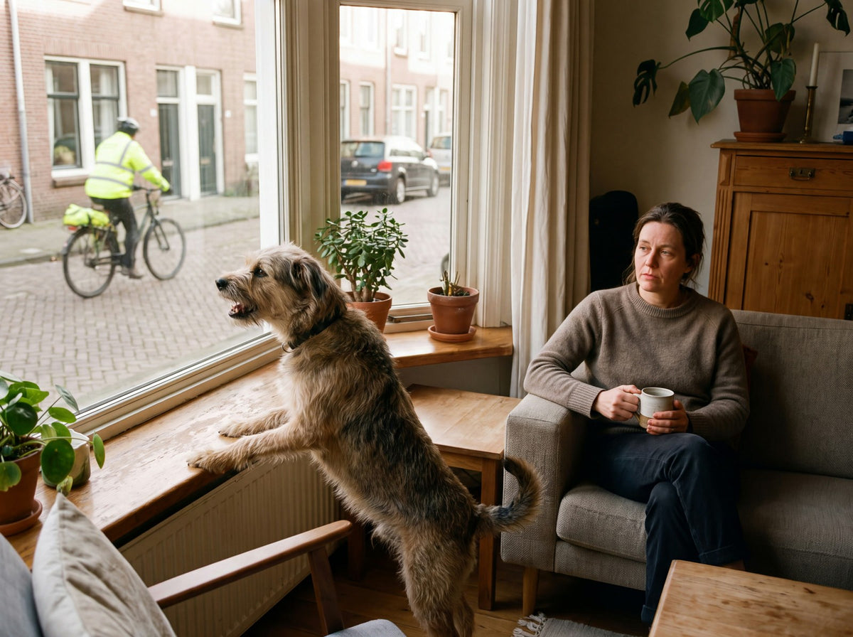 Hond blaft vanaf de vensterbank naar een fietser op straat, terwijl de baas op de bank zit.