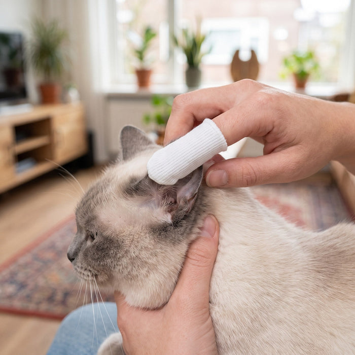 Het oor van een kat wordt schoongemaakt met een schoonmaakdoekje.