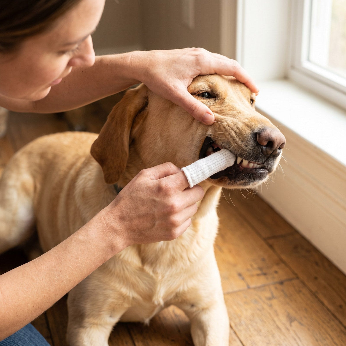 Een vrouw maakt bij het raam het gebit van haar labrador schoon met een schoonmaakdoekje.