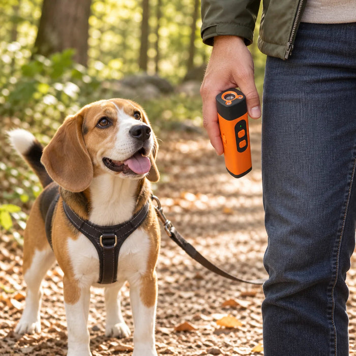 Beagle loopt netjes mee op het bospad; de baas houdt het oranje handapparaat in de hand.