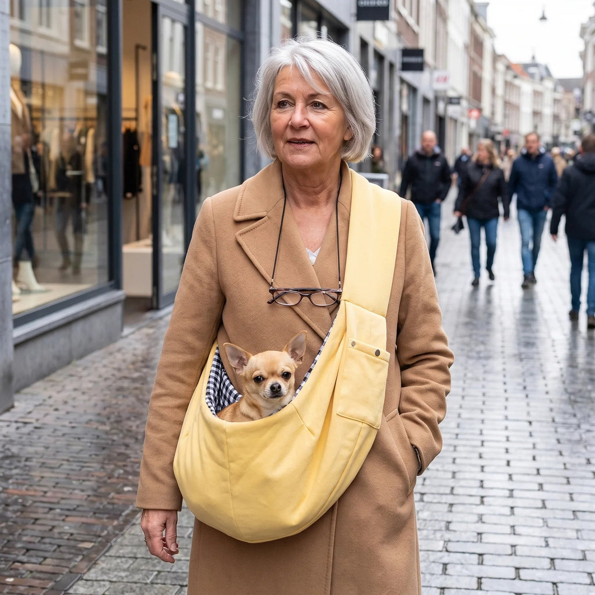Vrouw in de winkelstraat met de gele schoudertas; de chihuahua kijkt naar buiten.