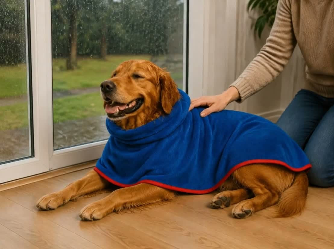 Golden retriever ligt binnen bij het raam in de koningsblauwe badjas met rode bies, met de ogen dicht.