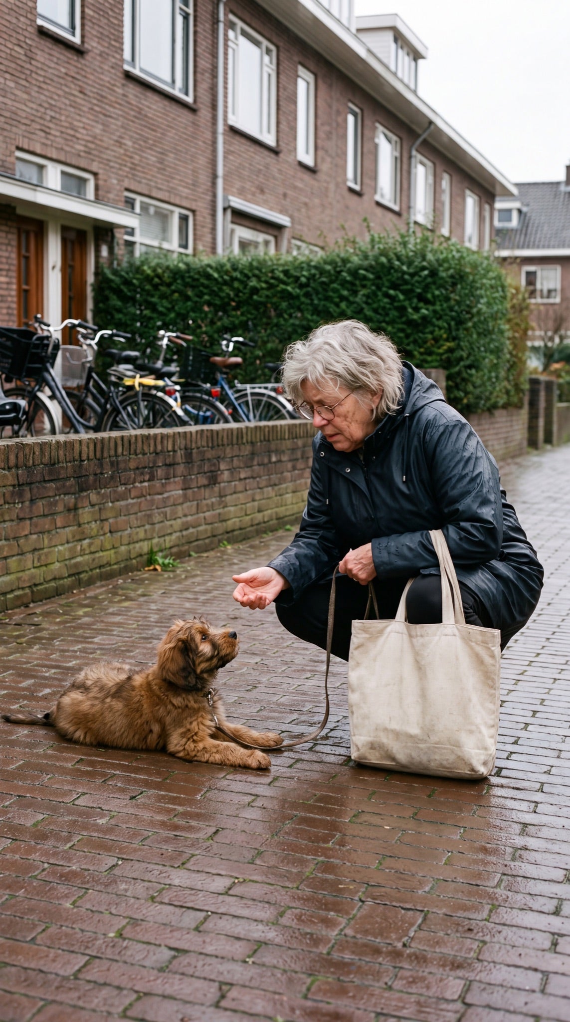 Pup is plat op de Nederlandse stoep gaan liggen en wil niet meer verder; de vrouw zit erbij gehurkt met een uitgestoken hand