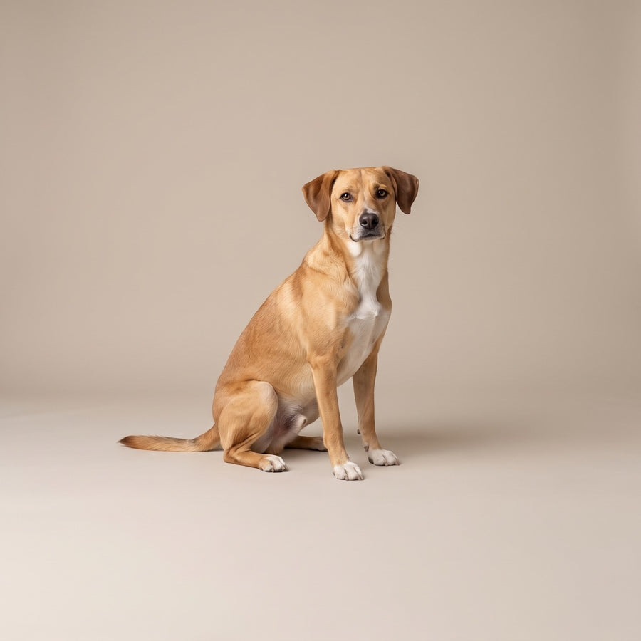 Hond zit op een effen warm-greige achtergrond