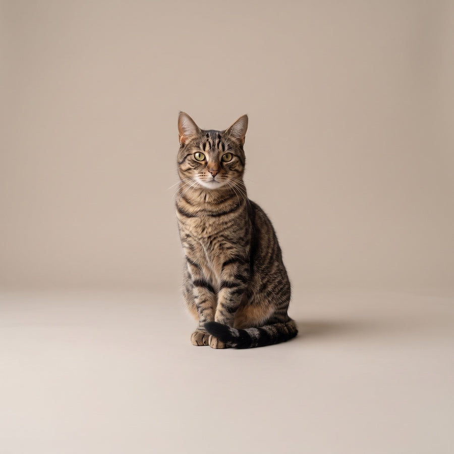 Kat zit op een effen warm-greige achtergrond