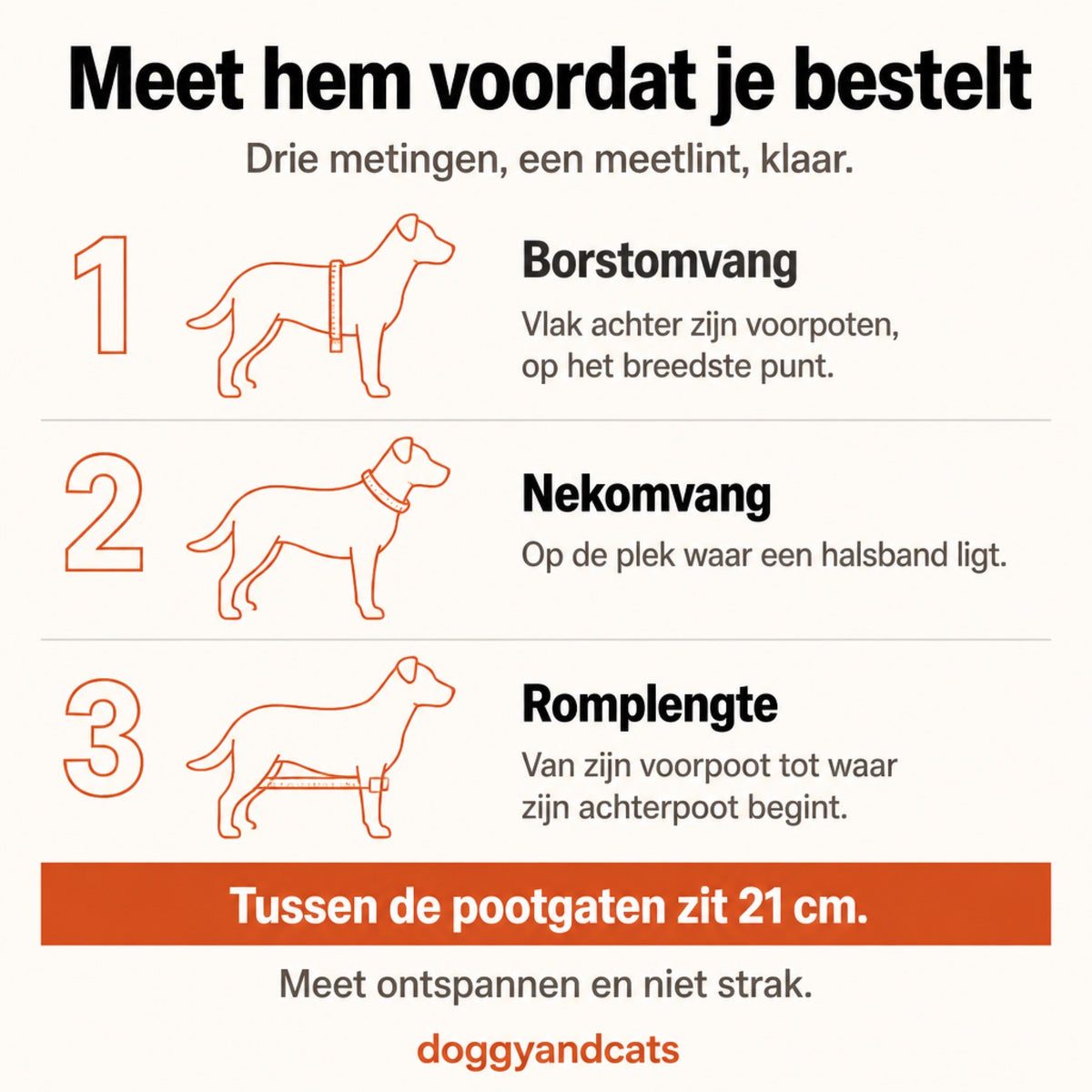 Meetkaart in het Nederlands: borstomvang vlak achter zijn voorpoten, nekomvang op de plek waar een halsband ligt, romplengte van voorpoot tot achterpoot. Tussen de pootgaten zit 21 cm