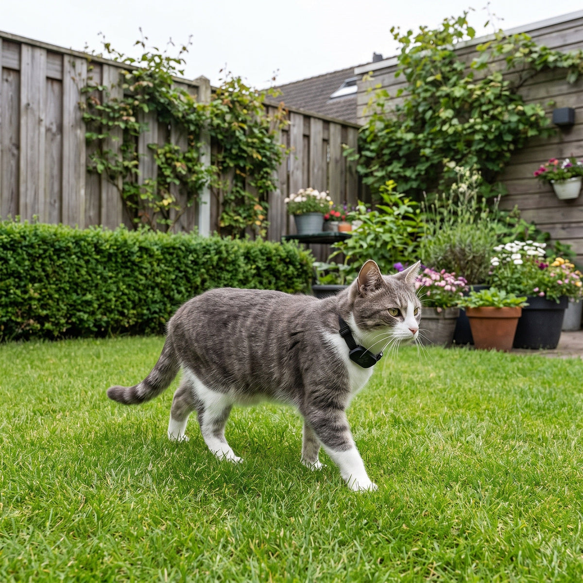 Grijs-witte kat loopt door een Nederlandse achtertuin met de zwarte halsband met de module om