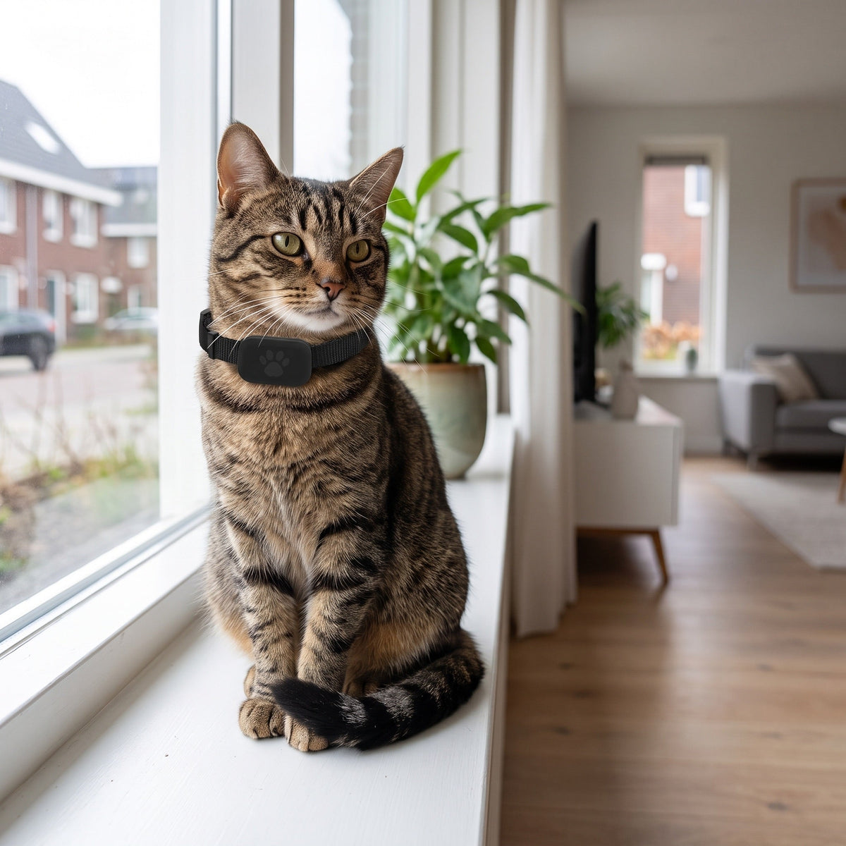 Cyperse kat zit op de vensterbank met de zwarte halsband met de module om en kijkt naar buiten over een Nederlandse straat