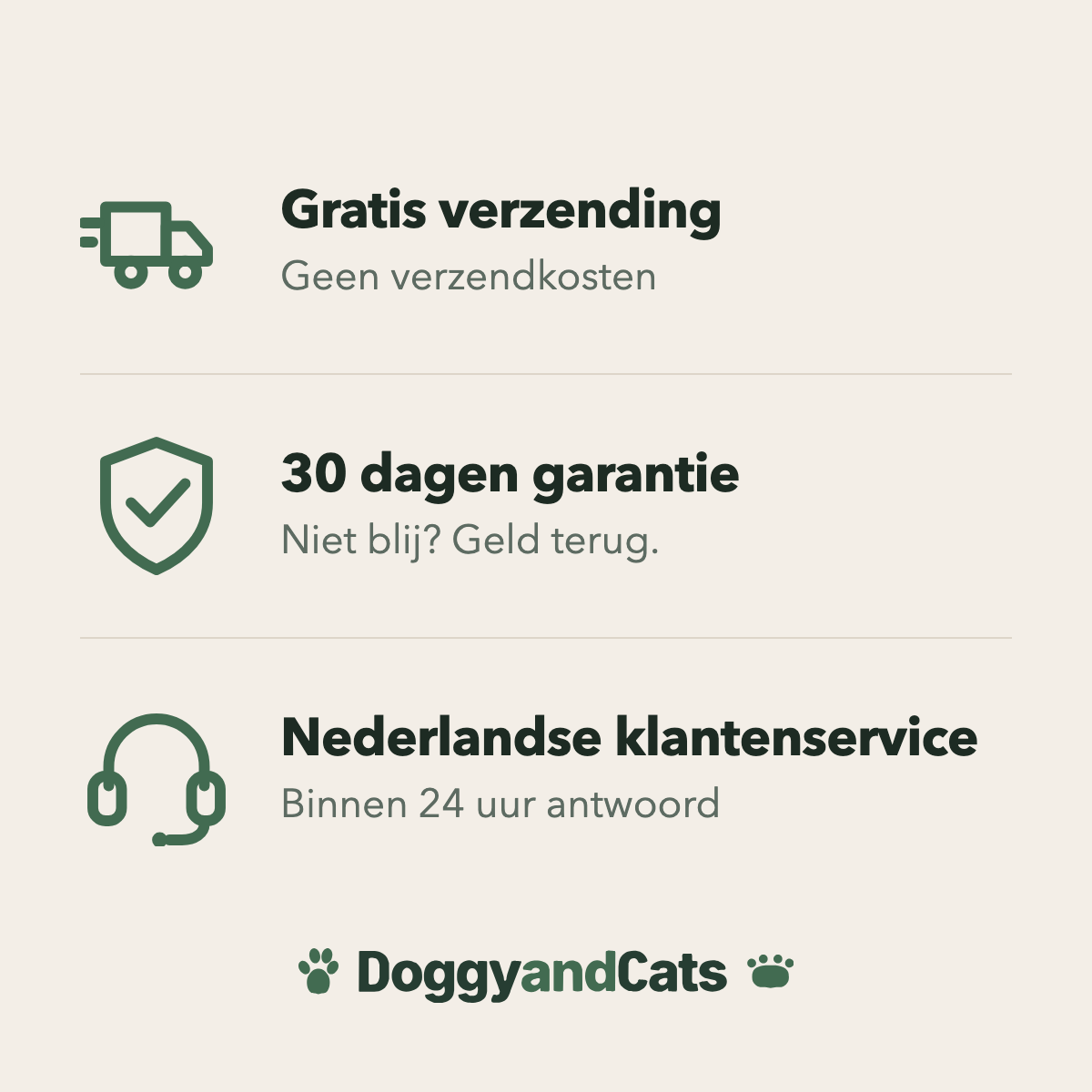 Gratis verzending zonder verzendkosten, 30 dagen garantie met geld terug, en Nederlandse klantenservice die binnen 24 uur antwoordt.