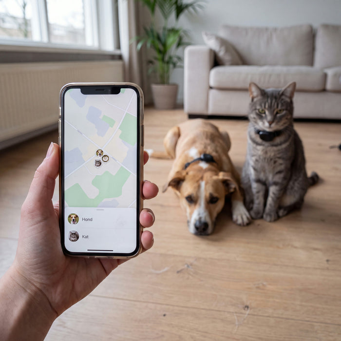 Een hand houdt een iPhone vast met op het scherm de kaart en Hond en Kat in de lijst, terwijl de hond en de kat met de PawFinder halsband op de woonkamervloer liggen.