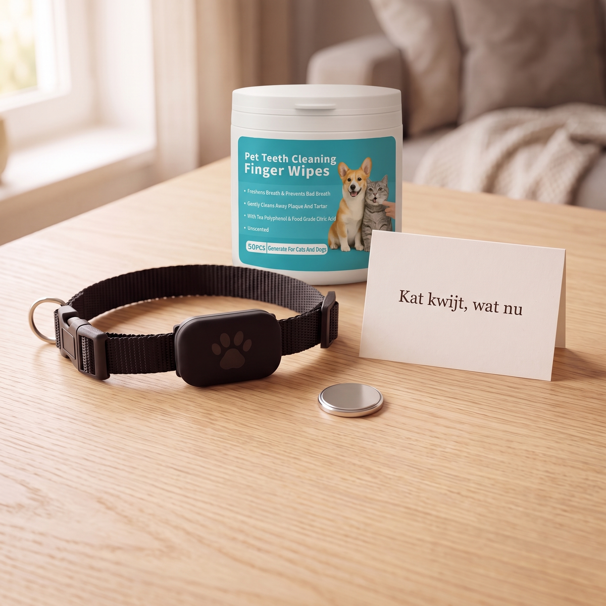 Wat je krijgt: de zwarte halsband met de module met pootafdruk, de CR2032-knoopcel, de kaart Kat kwijt, wat nu, en de pot met vijftig schoonmaakdoekjes die er gratis bij gaat