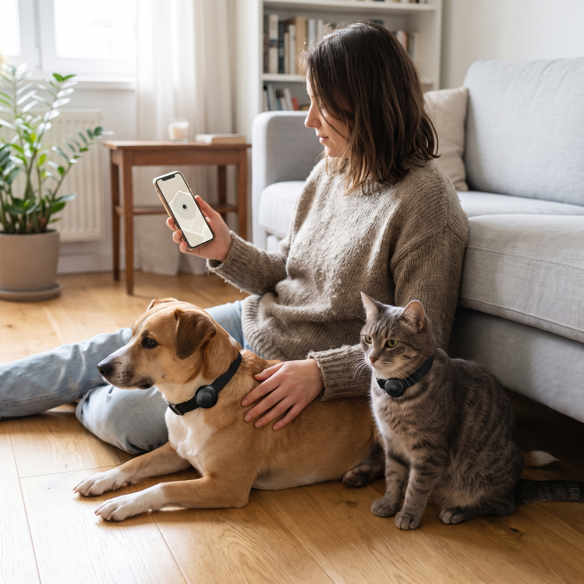 Vrouw zit op de woonkamervloer met haar hond en haar kat, allebei met de PawFinder halsband met tracker om, en kijkt op haar telefoon waar ze zijn.