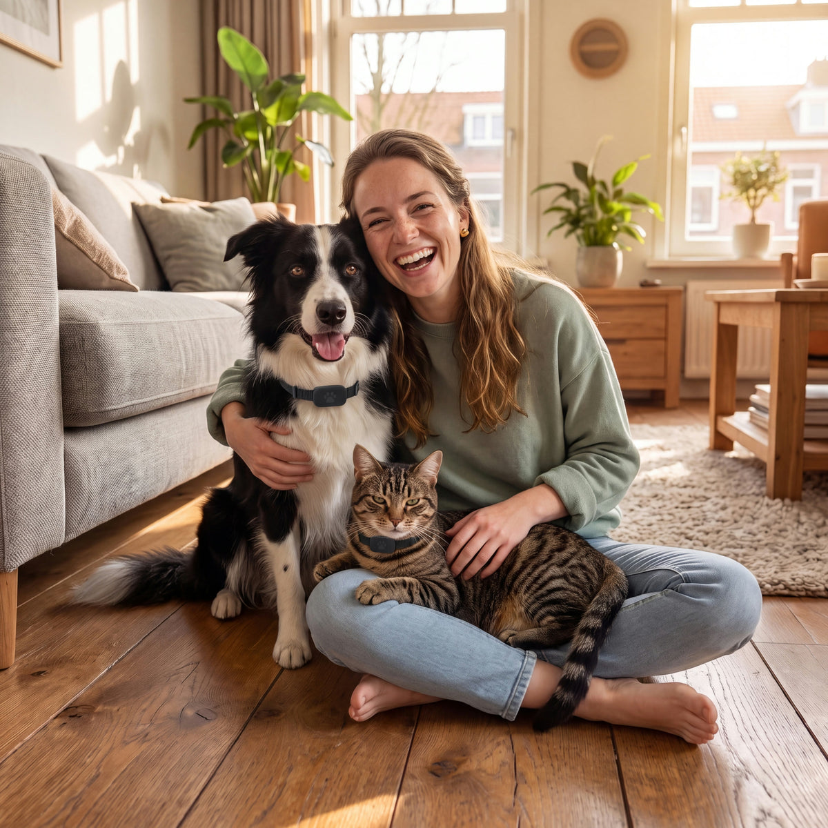 Fleur zit lachend op de vloer van de woonkamer met haar border collie en haar cyperse kat, allebei met de zwarte PawFinder™ halsband met tracker.