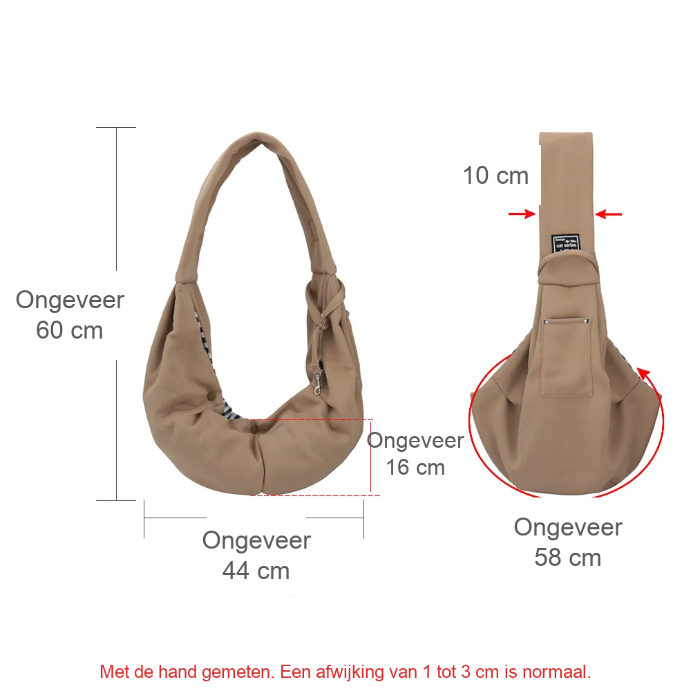 Maatschema van de tas in het Nederlands: ongeveer 60 centimeter hoog, 44 centimeter breed, 16 centimeter diep, band van 10 centimeter en opening van ongeveer 58 centimeter