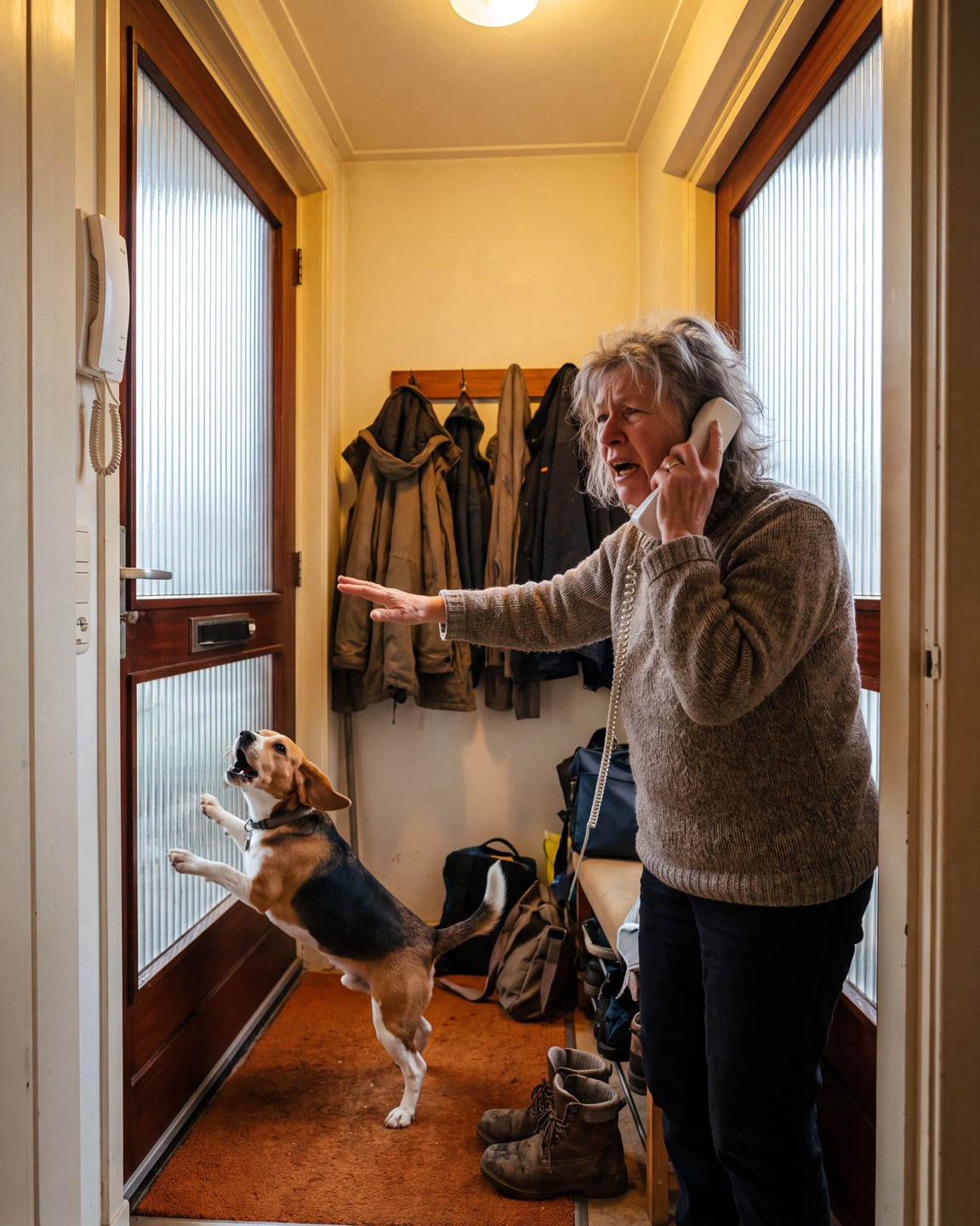 Baasje staat bij de deur met een hond die op bezoek reageert.
