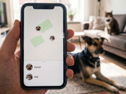 Een hand met een telefoon waarop de hond en de kat allebei op de kaart staan.