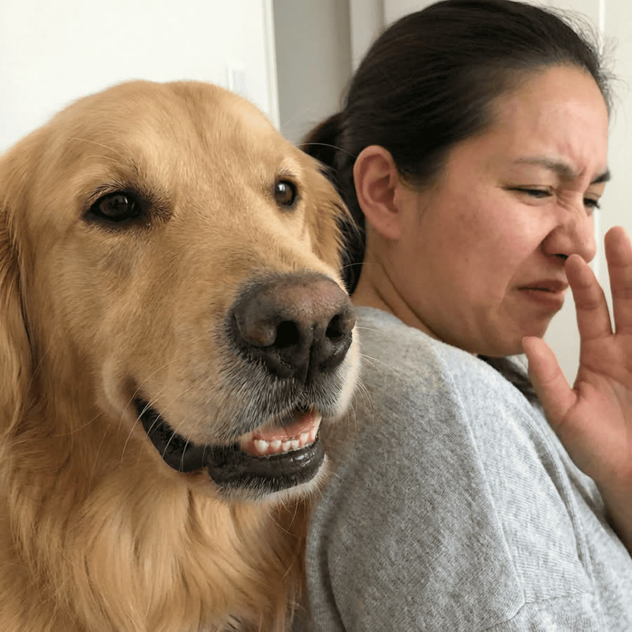 Baasje met een hond dicht bij haar gezicht.