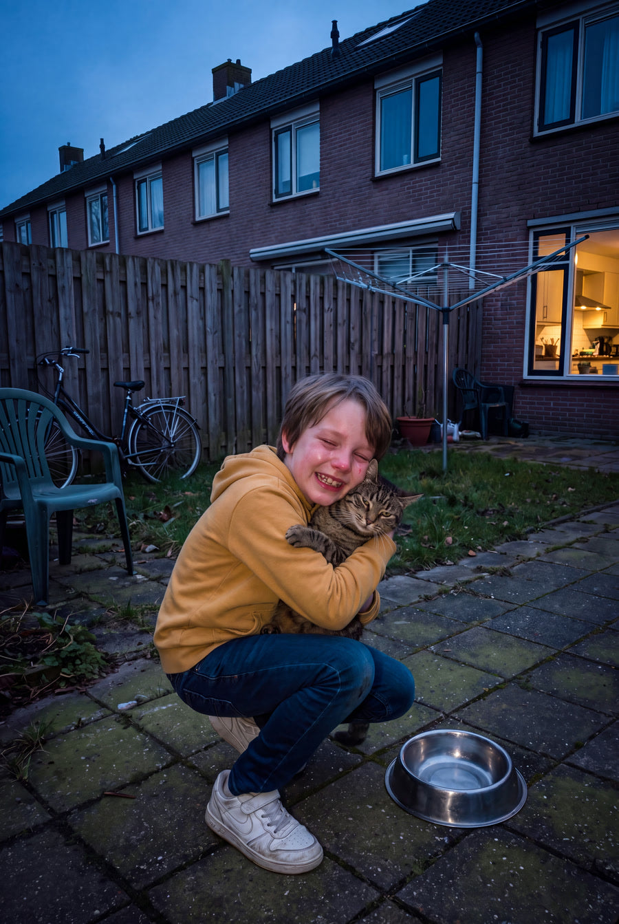 Dezelfde jongen zit gehurkt in dezelfde tuin met de kat stevig in zijn armen.