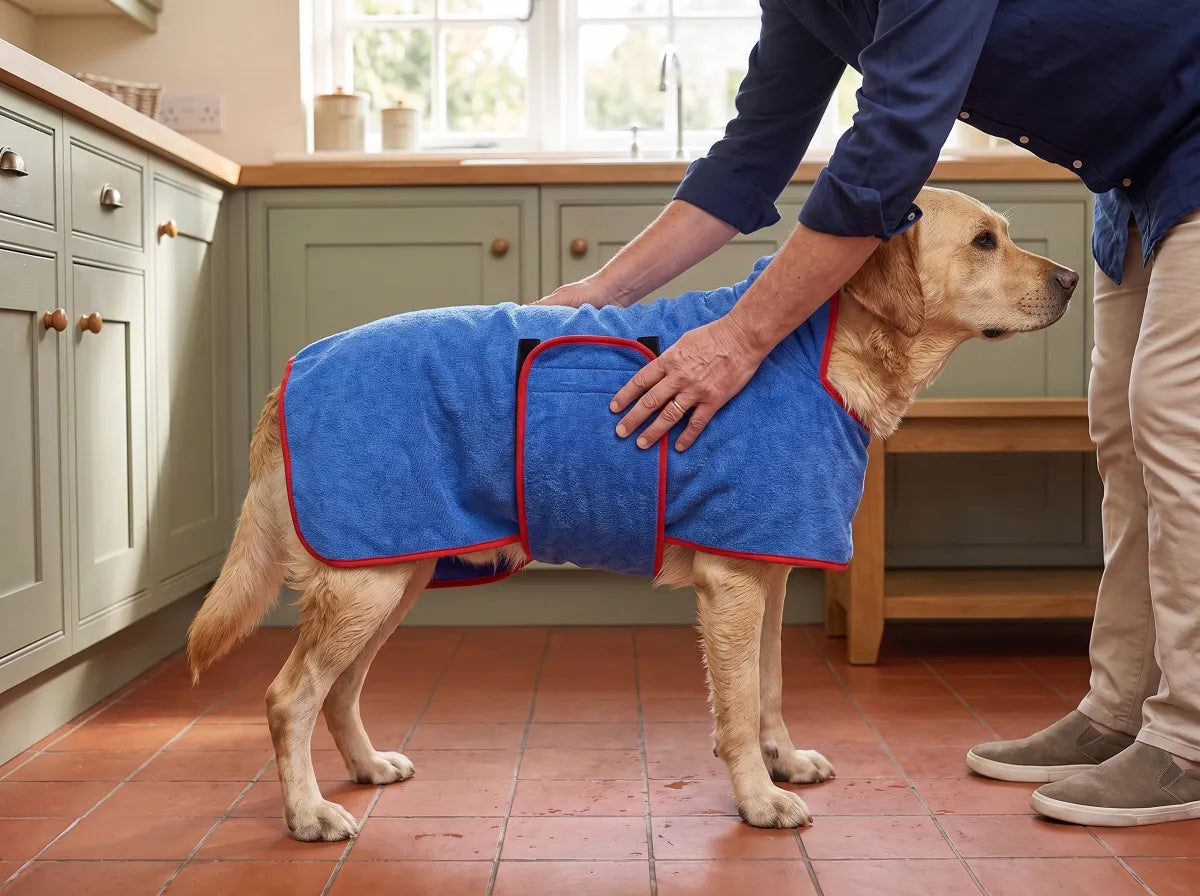 De badjas gaat over de rug van de hond