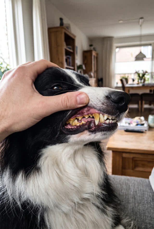 Het gebit van een border collie met bruine aanslag langs de tandrand
