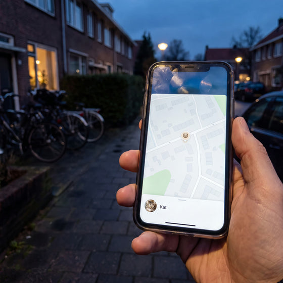 Een hand houdt een iPhone vast op straat in de schemer, met op het scherm de laatst gemelde plek van de kat.