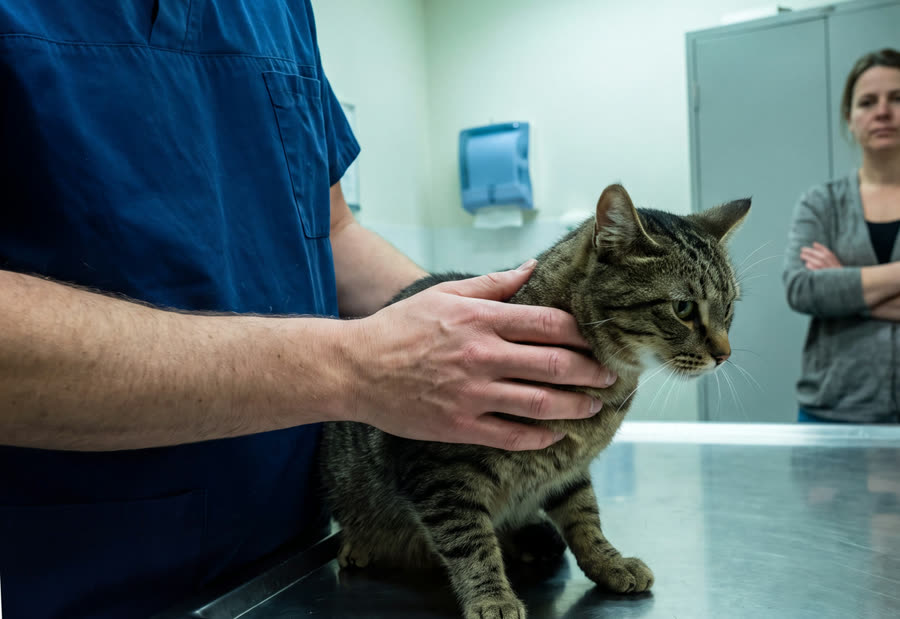 Dierenarts onderzoekt een cyperse kat op de behandeltafel, de eigenaar staat onscherp op de achtergrond.