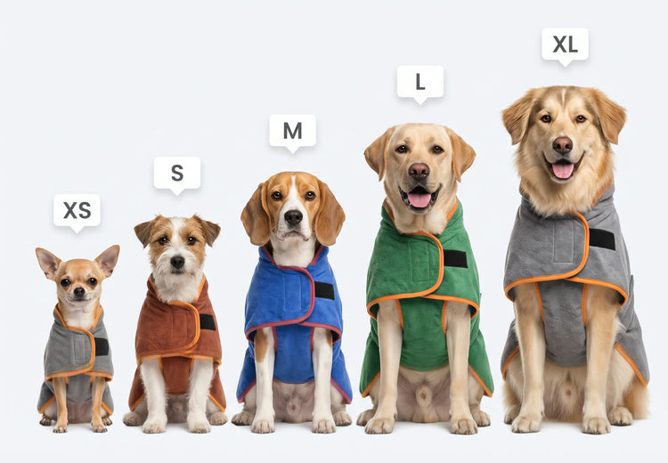 Vijf honden naast elkaar in de badjas, van maat XS tot en met XL