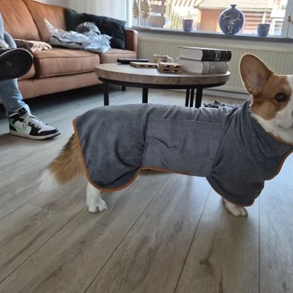 Hond in de grijs badjas in maat L, foto van de koper